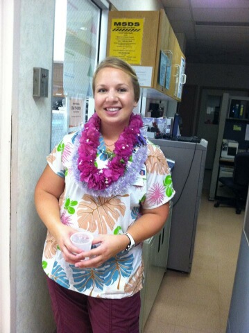 Amanda: I am from Wichita, Kansas and earned my BSN from Wichita State University three and a half years ago. I have been working as a travel nurse for a year and a half now. This photo was taken on my last night of my travel assignment in Kauai, Hawaii. My coworkers made food and leis for my last night of work at Wilcox Memorial Hospital in Lihue, Hawaii.