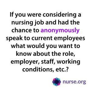 Text image: Questions you would ask if you could speak anonymously to the current nurses at a prospective employer