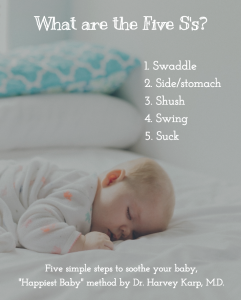 The five S's, method by Dr. Harvey Karp for helping babies sleep