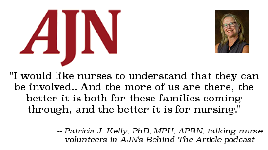 Quote image: Retired nursing professor Pat Kelly talks about nurses volunteering at the border with AJN's Behind The Article podcast