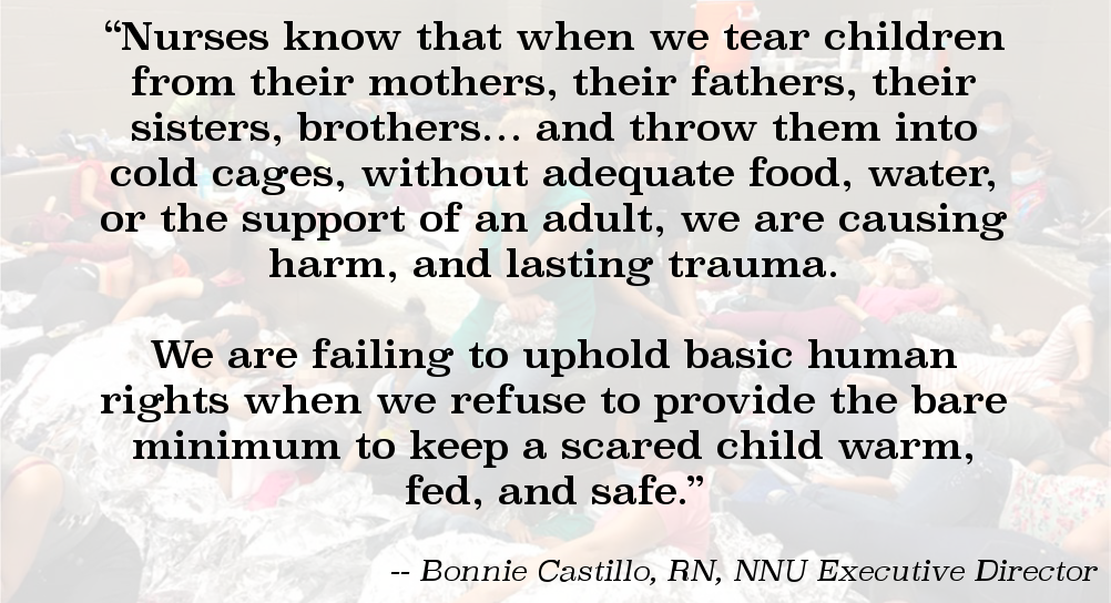 Quote image: Bonnie Castillo, NNU on migrants at the border