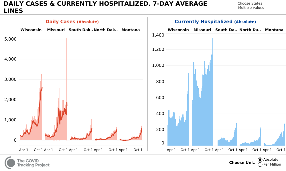 Charts: Daily cases and currently hospitalized in selected states