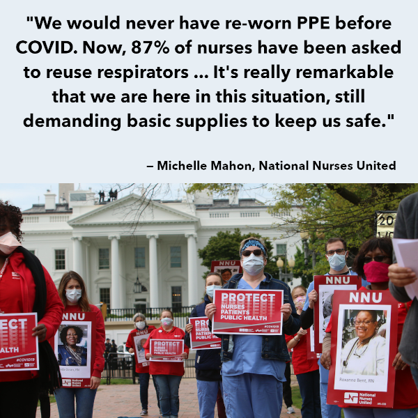 Michelle Mahon, NNU, quote image: "We would never have re-worn PPE before COVID. Now, 87% of nurses have been asked to reuse respirators"