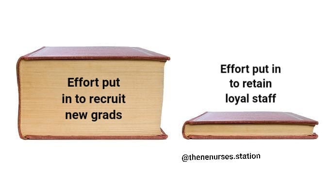 Insta posts: Effort put in to recruit new grad vs effort put in to retain loyal staff