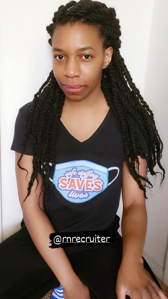 Sylvie Estelle with the "Safe Staffing Saves Lives" t-shirt we sent her