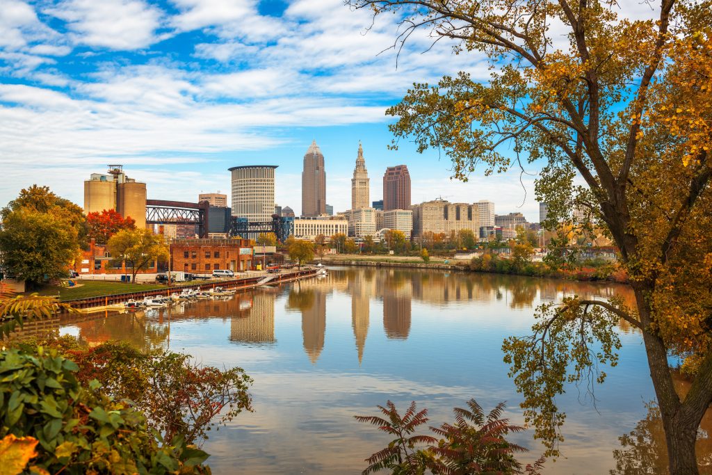 Cleveland Skyline On The Cuyahoga River In Autumn